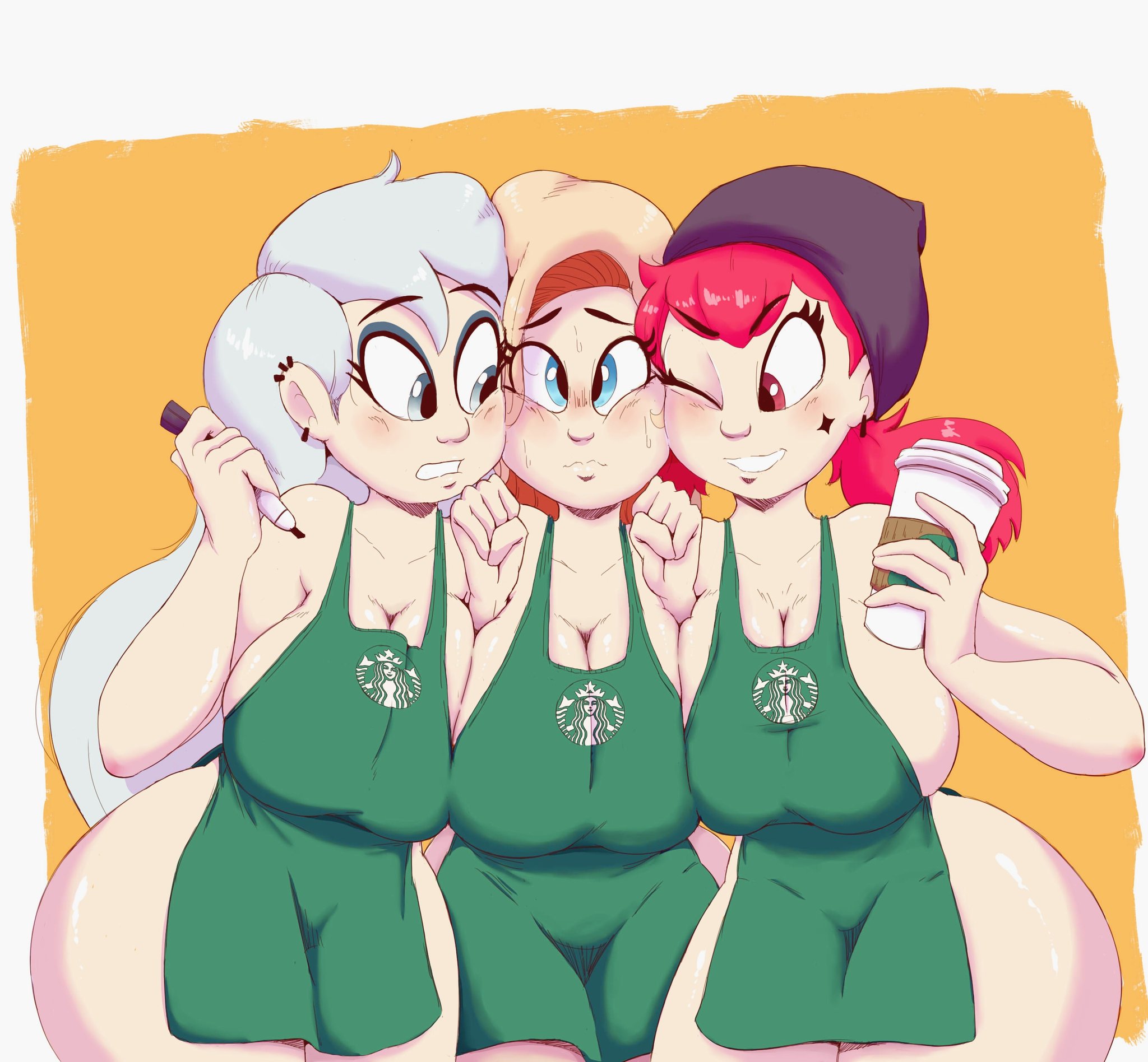 3girls, beanie, big breasts, blonde hair, blue eyes, blush, bottom heavy, breasts, cassette (saymanart), cassidy (saymanart), child bearing hips, ear piercing, female, female only, grey eyes, huge breasts, iced latte with breast milk, large breasts, long hair, meme, multiple females, multiple girls, naked apron, one eye closed, parted lips, red eyes, red hair, royerena, shiny skin, smile, starbucks, sweat, thick thighs, thunder thighs, vinyl (saymanart), white hair, wide hips