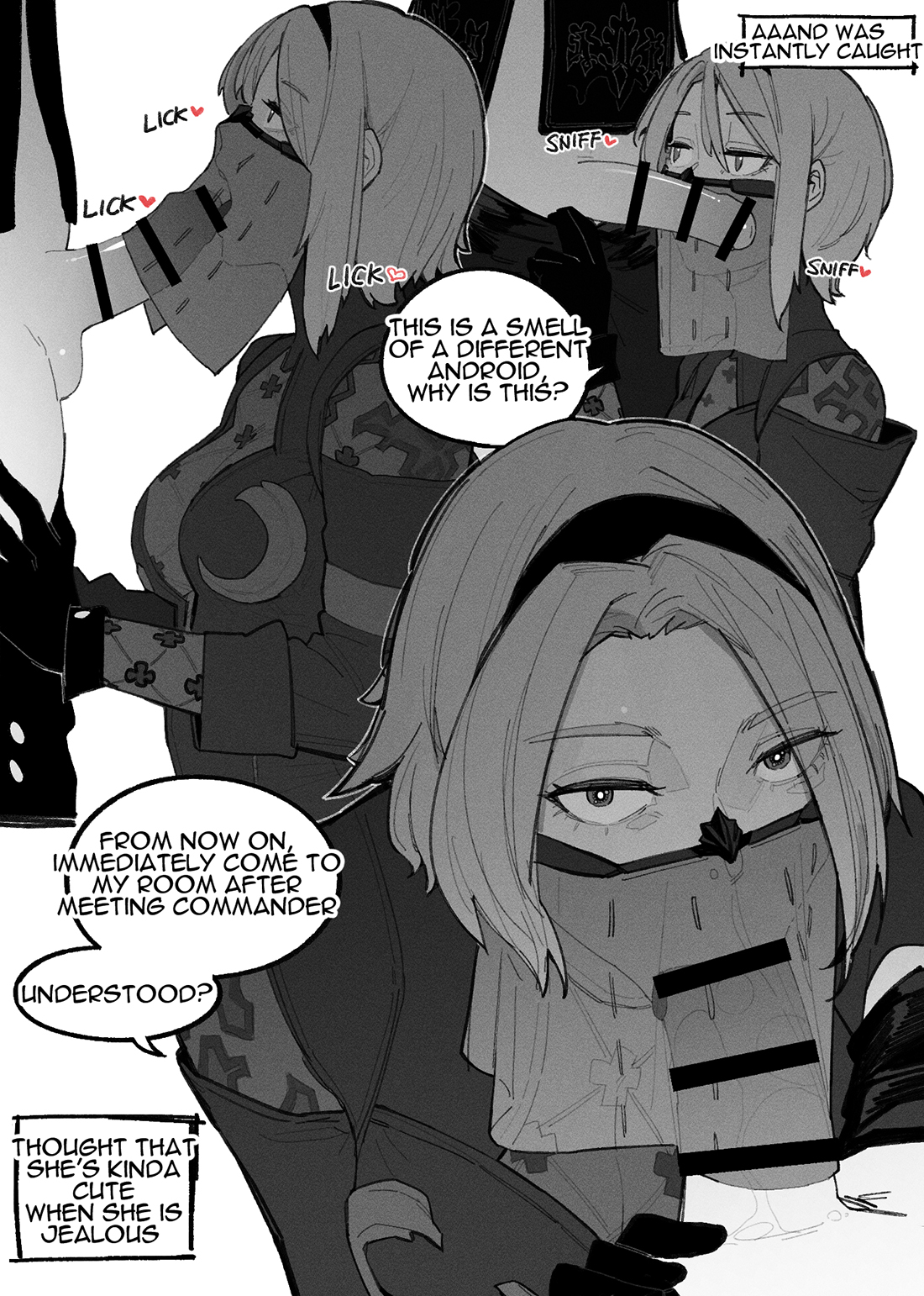 1boy, 1girls, balls, blowjob, censored, censored penis, erect penis, erection, fellatio under mask, fellatio under veil, female, huqu, male, male/female, monochrome, mouth veil, multiple images, nier: automata, operator 21o, oral, oral sex, penis, testicles, text, veil, yorha 9s
