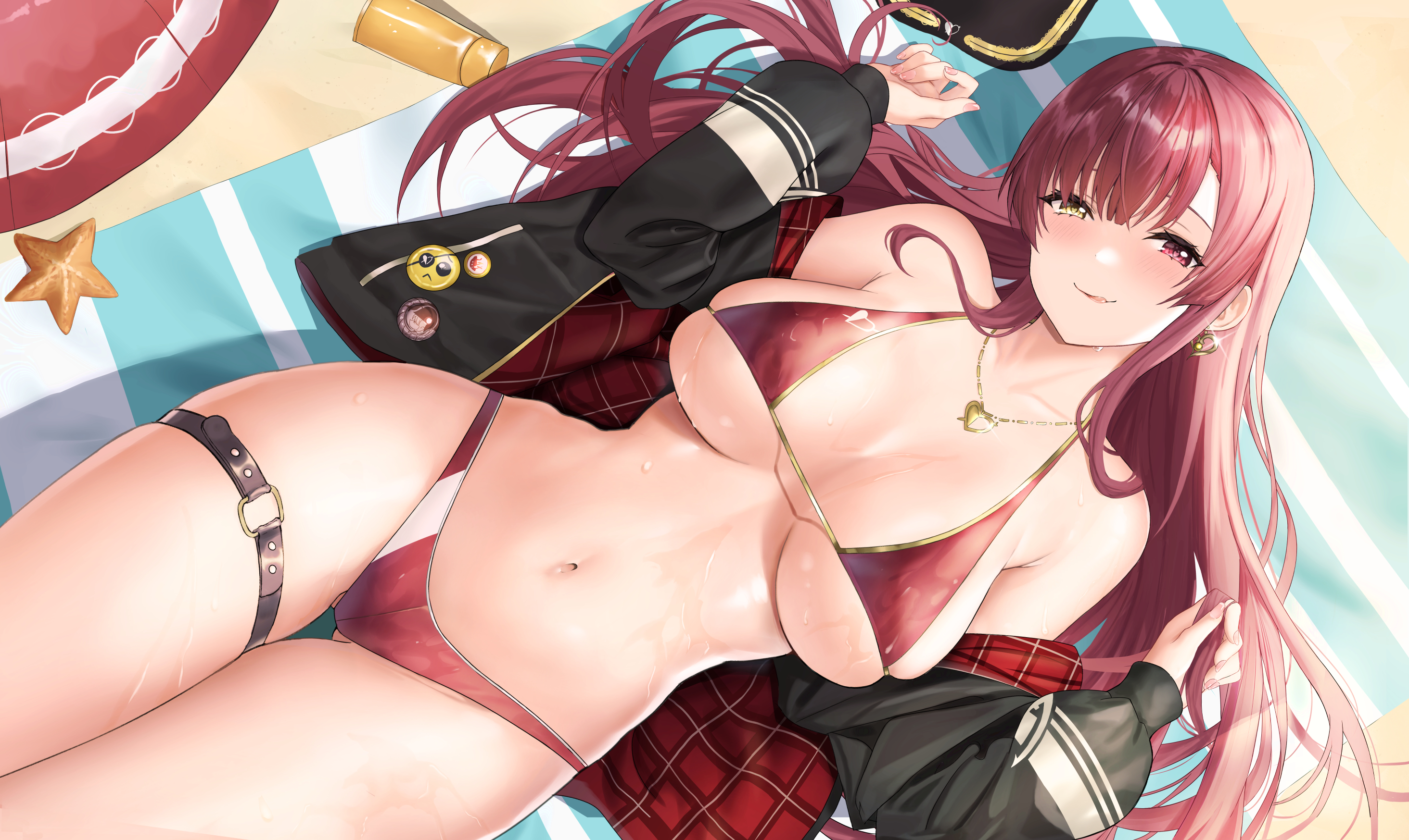 :q, 1girls, bikini, bikini bottom, bikini top, black jacket, breasts, earrings, ebi (ebimon0), female, female focus, female only, heart, heart earrings, heart necklace, heterochromia, highres, hololive, hololive fantasy, hololive japan, houshou marine, jacket, jewelry, large breasts, long hair, long sleeves, looking at viewer, lying, navel, on back, red bikini, red bikini bottom, red bikini top, red eyes, red hair, smile, solo, solo female, solo focus, swimsuit, tongue, tongue out, virtual youtuber, wet, yellow eyes