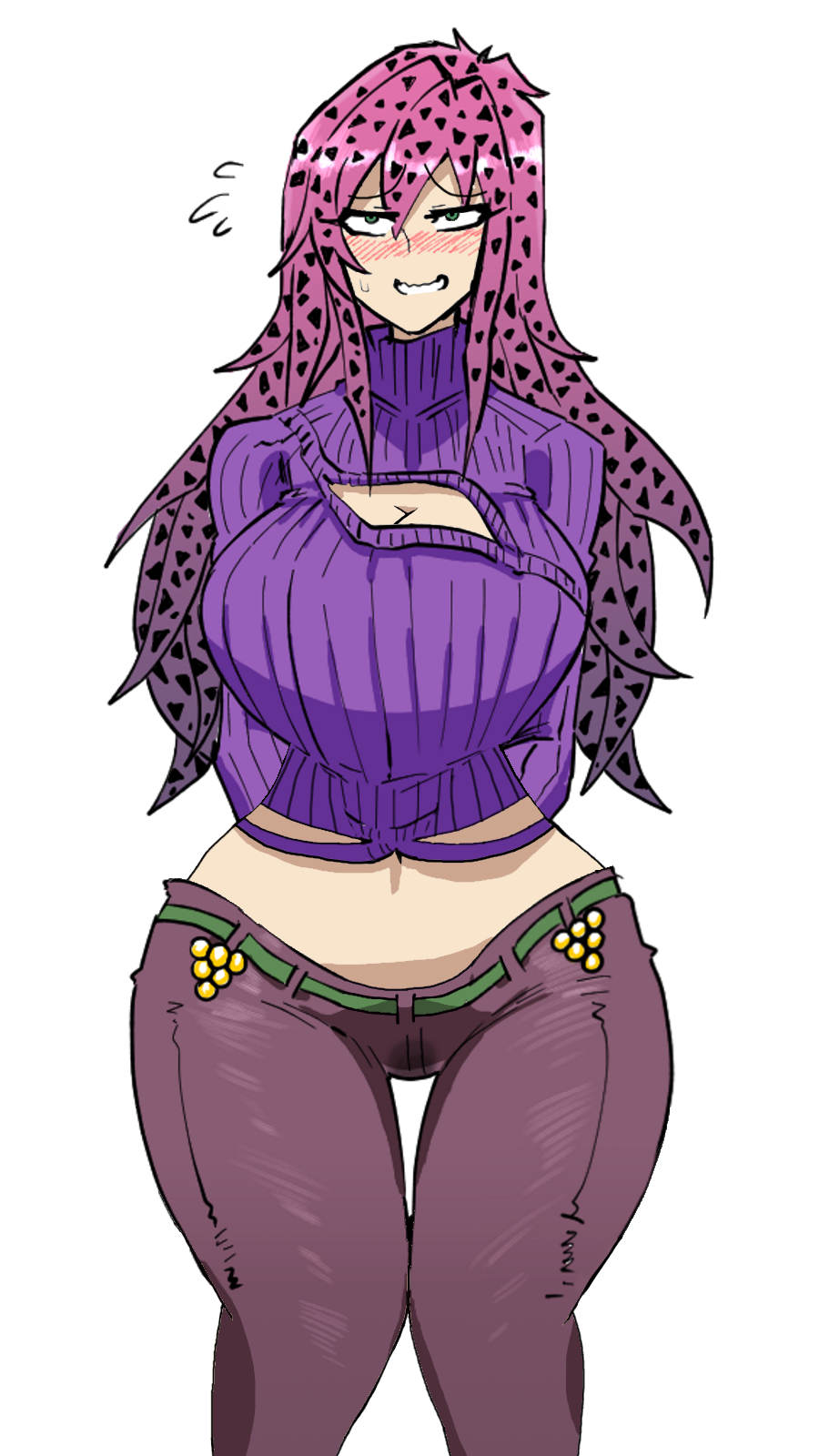 1girls blush boob_window diavolo doppios_sweater green_eyes jojo's_bizarre_adventure looking_pleasured mannungei pink_hair pussy_juice rule_63 smile solo sweater tagme vento_aureo white_background wide_hips