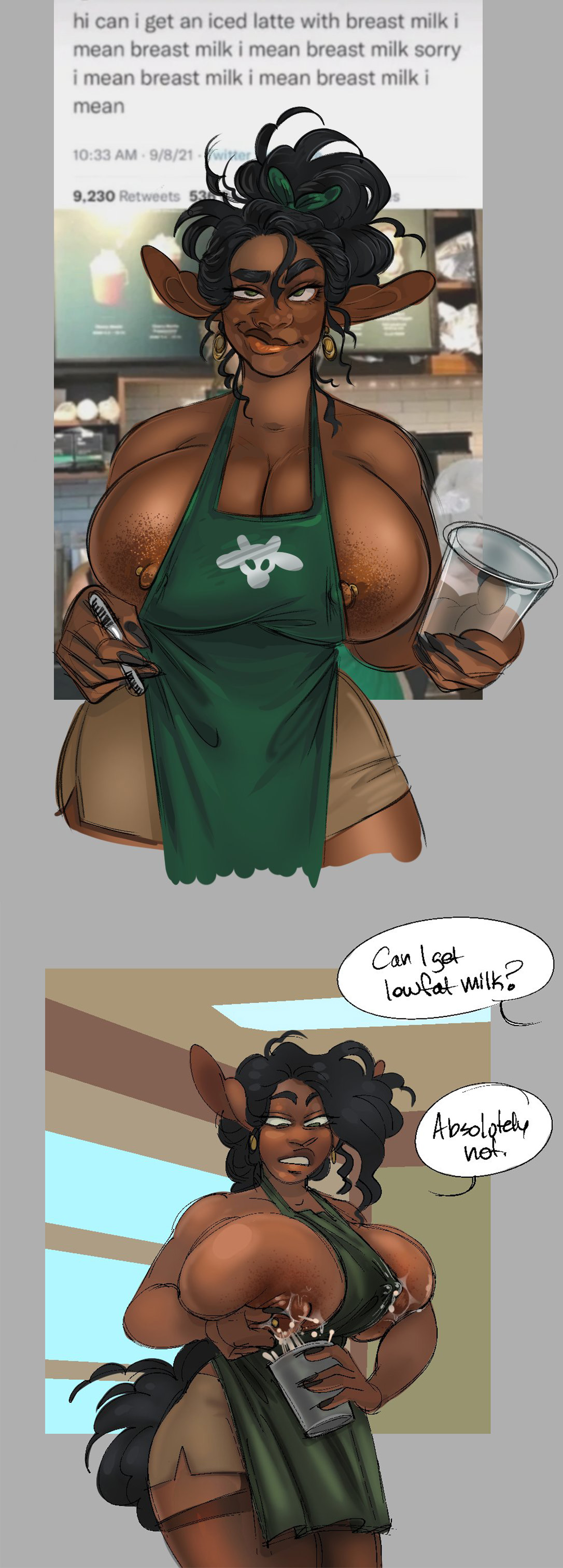 1girls, apron, apron only, bangitdobby, big breasts, big ears, black hair, breasts, busty, comic, dark skin, dark-skinned female, dialogue, earrings, edit, english text, female, female focus, hourglass figure, huge breasts, iced latte with breast milk, lactation, large breasts, large ears, long hair, meme, milking, nipple piercing, nipples, pantyhose, partially clothed, piercing, speech bubble, starbucks, text, thick thighs, voluptuous, waitress, waitress uniform, wide hips