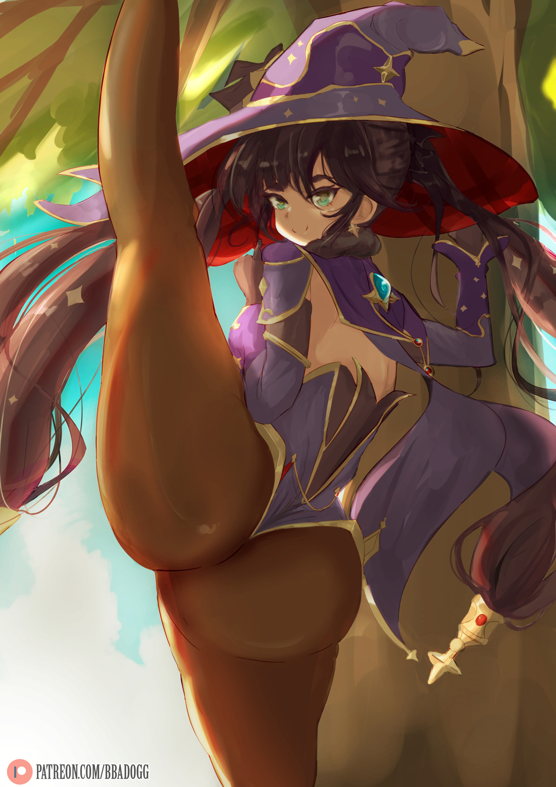 1girls, artist logo, artist name, ass, background, bbadogg, big ass, big butt, big hips, black hair, cape, clothed, clothes, day, daytime, detached sleeves, ear piercing, earrings, female, female focus, female only, forest, forest background, fully clothed, genshin impact, green eyes, grin, large ass, large hips, leg lift, leg up, light skin, light-skinned female, long hair, looking at viewer, looking back, mona (genshin impact), outdoors, outside, pale skin, sky, smile, smiling, smug, smug face, smug grin, solo, solo female, splits, spread legs, spreading, standing, standing on one leg, thick thighs, thin waist, tights, tree, twintails, vertical splits, witch, witch hat, wizard, wizard hat, young