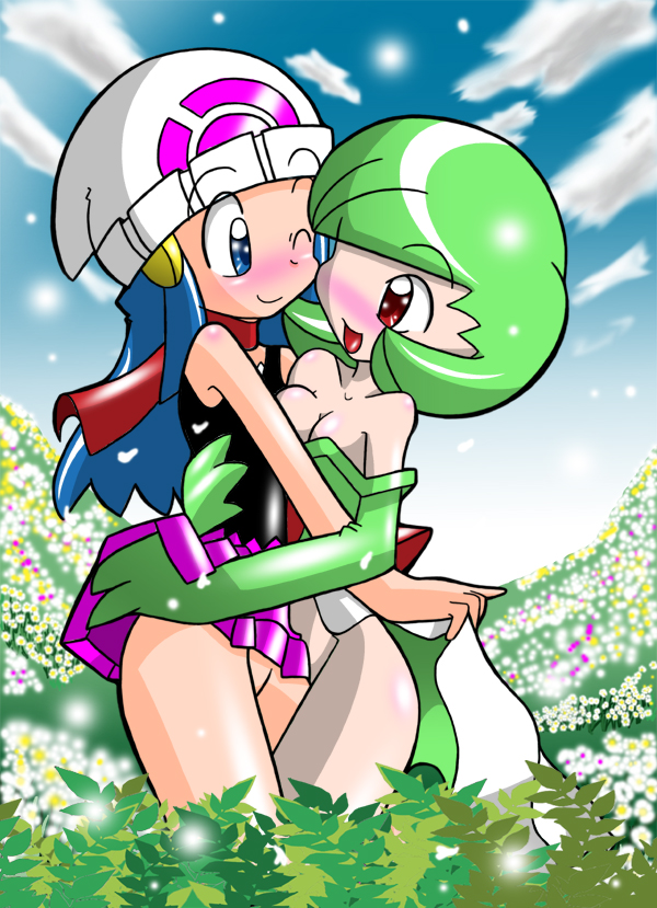 2girls beanie beige_skin blue_eyes blue_hair blush breasts cleavage closed_mouth clothing color dawn_(pokemon) day eye_contact female female_gardevoir female_only female_pokemon fisheye_lens gardevoir green_hair hair hat human interspecies long_hair looking_at_another multiple_girls nintendo no_panties open_eyes open_mouth outdoors pokemon pokemon_(species) pokemon_rse pokephilia red_eyes short_hair skirt skirt_lift smile standing wink yorunoko yuri