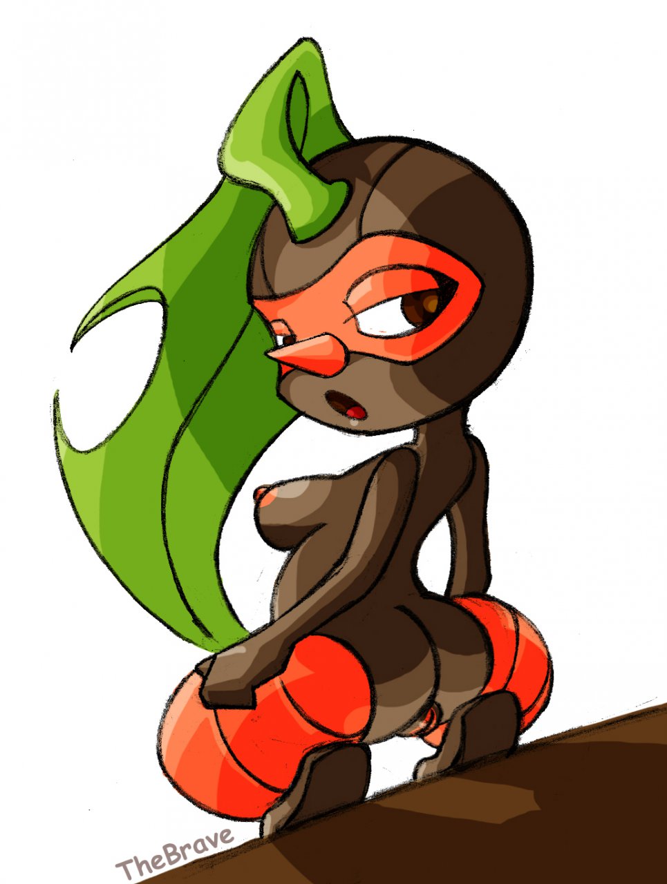 anthro ass back_view barefoot breasts brown_eyes brown_skin color female female_only looking_back nintendo nuzleaf open_eyes open_mouth pokemon shiny_pokemon simple_background solo squatting the_brave vulva white_background