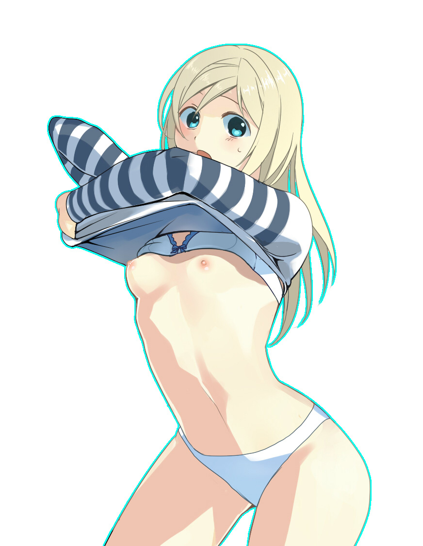 blonde_hair blue_eyes blush bra bra_lift breasts end_of_eternity flat_chest leanne lingerie long_hair nipples open_mouth panties resonance_of_fate shirt_lift underwear undressing