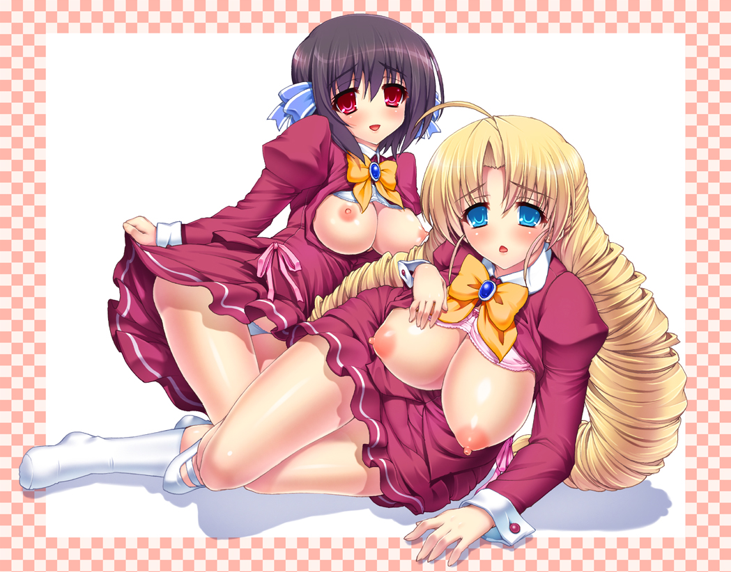 arm_support blonde_hair blue_eyes blush bow breasts breasts_out drill_hair huge_breasts kotobuki_utage ladies_versus_butlers! long_hair multiple_girls nipples no_nose on_side panties puffy_nipples red_eyes saikyou_tomomi sernia_iori_flameheart short_hair skirt skirt_lift underwear