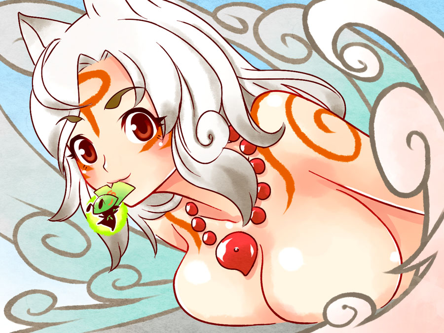 1girls amaterasu breasts enraku_(pixiv) female gijinka goddess issun jewelry mouth_hold necklace okami personification pointy_chin red_eyes solo tribal_markings tsuutenkaaku white_hair