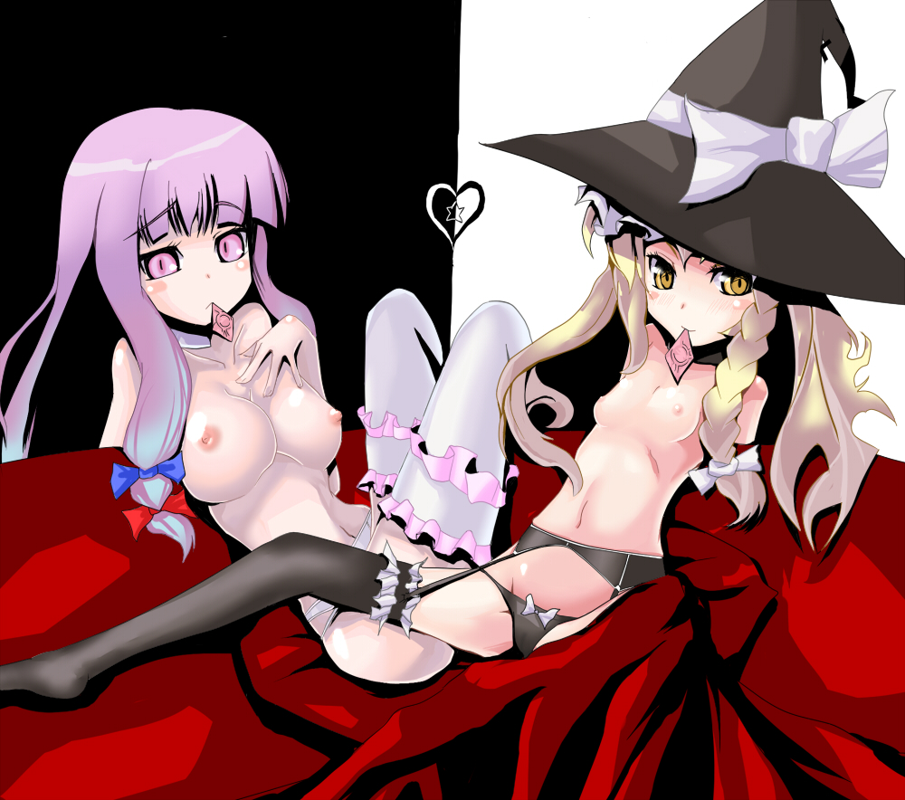 breasts condom condom_in_mouth female garter_belt hat human lingerie lowleg lowleg_panties marisa_kirisame mokujinn mouth_hold multiple_girls panties patchouli_knowledge thighhighs topless touhou underwear witch_hat