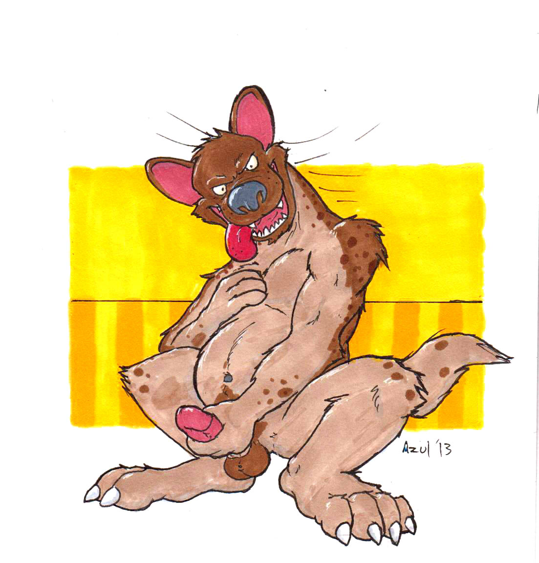 2013 anthro azul_(artist) balls bedknobs_and_broomsticks brown_body brown_fur crouching disney erection front_view full-length_portrait fur genitals hand_on_chest holding_penis hyaenid looking_at_viewer male mammal masturbation nude penile penile_masturbation penis portrait solo spotted_hyena tongue tongue_out