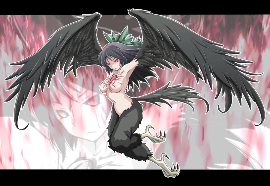 1girls ao_usagi black_hair bow breasts eyes female hairbow harpy long_hair monster_girl no_nipples nude red_eyes solo touhou utsuho_reiuji wings zoom_layer