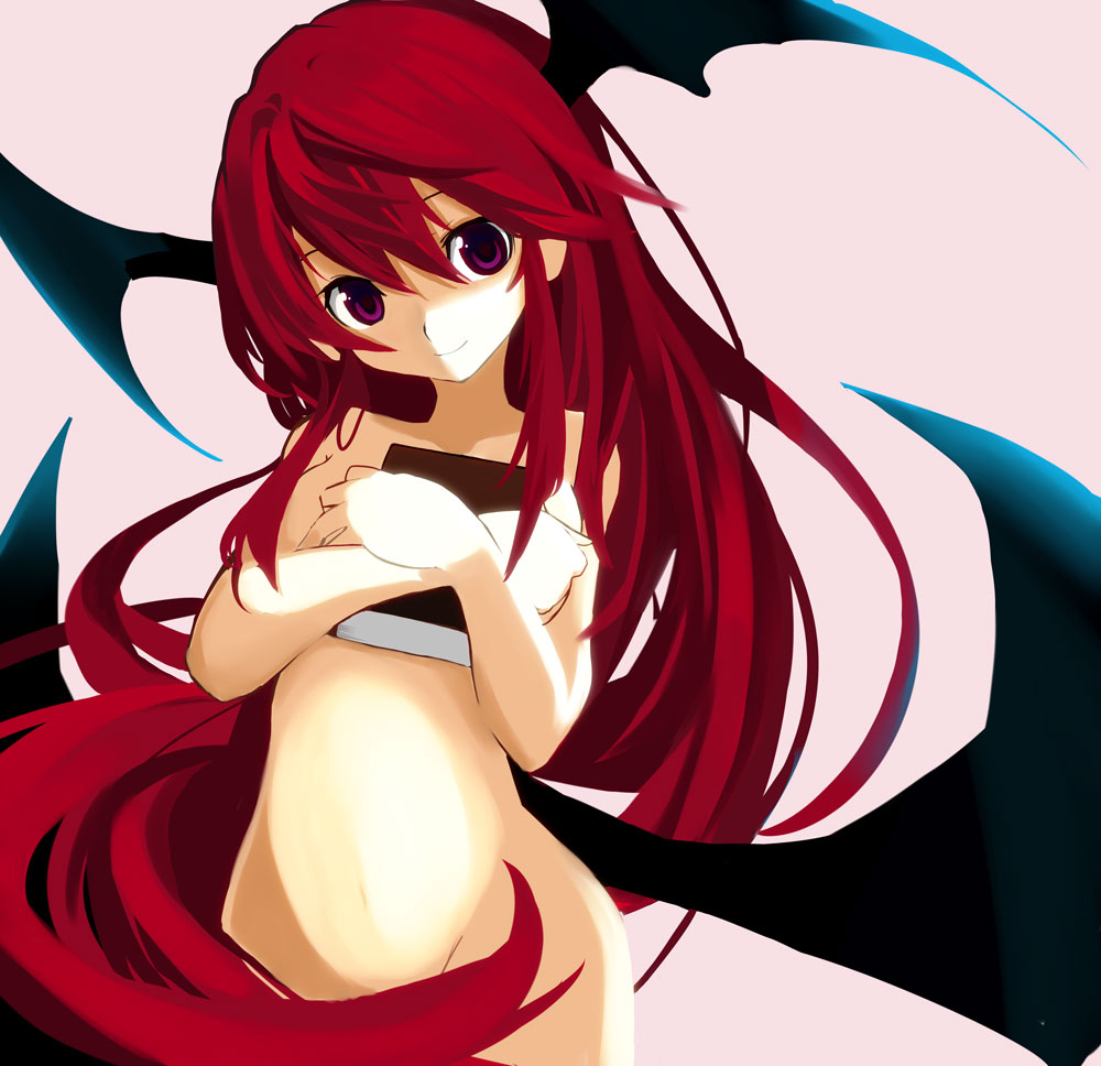 bat_wings book book_hug censored covering gintarou_(kurousagi108) hair_over_breasts head_tilt head_wings koakuma long_hair low_wings nude nude_cover purple_eyes red_hair simple_background smile solo succubus the_embodiment_of_scarlet_devil touhou very_long_hair wings