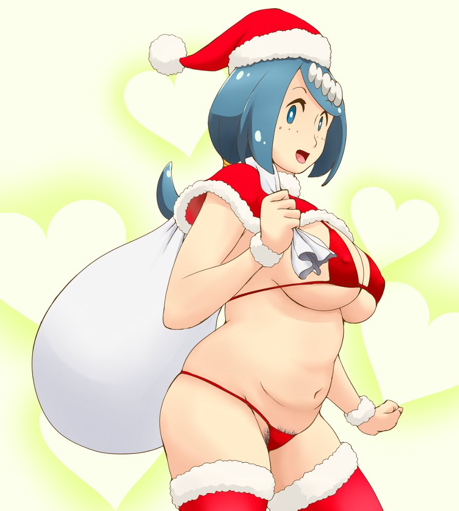 1girls alternate_breast_size alternate_outfit big_breasts blue_eyes blue_hair christmas chubby eye_contact female female_only freckles human lana's_mother_(pokemon) larger_male long_hair looking_at_viewer mature_female milf mob_face nintendo nipples nipples_visible_through_clothing plump pokemon pokemon_sm pubic_hair pubic_hair_peek santa_hat solo solo_female solo_focus thick_thighs tof underboob