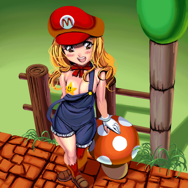 1girls blonde_hair blush clothing color cosplay crossplay female female_only flat_chest front_view hair hat human mario_(cosplay) mario_(series) masao mushroom nintendo outdoors overalls solo starman_(mario) straight_hair strap_slip super_mario_bros. super_mario_bros._(nes) topless_overalls