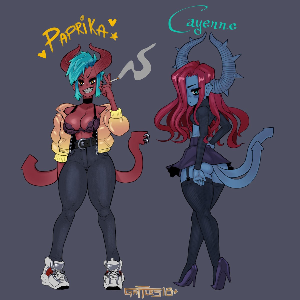 cayenne_(gattles) cigarette demon demon_girl gattles horns original paprika_(gattles) skirt succubus thighhighs tight_jeans