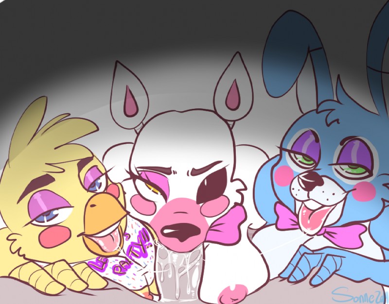 blowjob, cock worship, collaborative fellatio, facial, fellatio, female, five nights at freddy's, foursome, human, male, mangle (fnaf), penis, rule 63, straight, toy bonnie (fnaf), toy chica (fnaf)