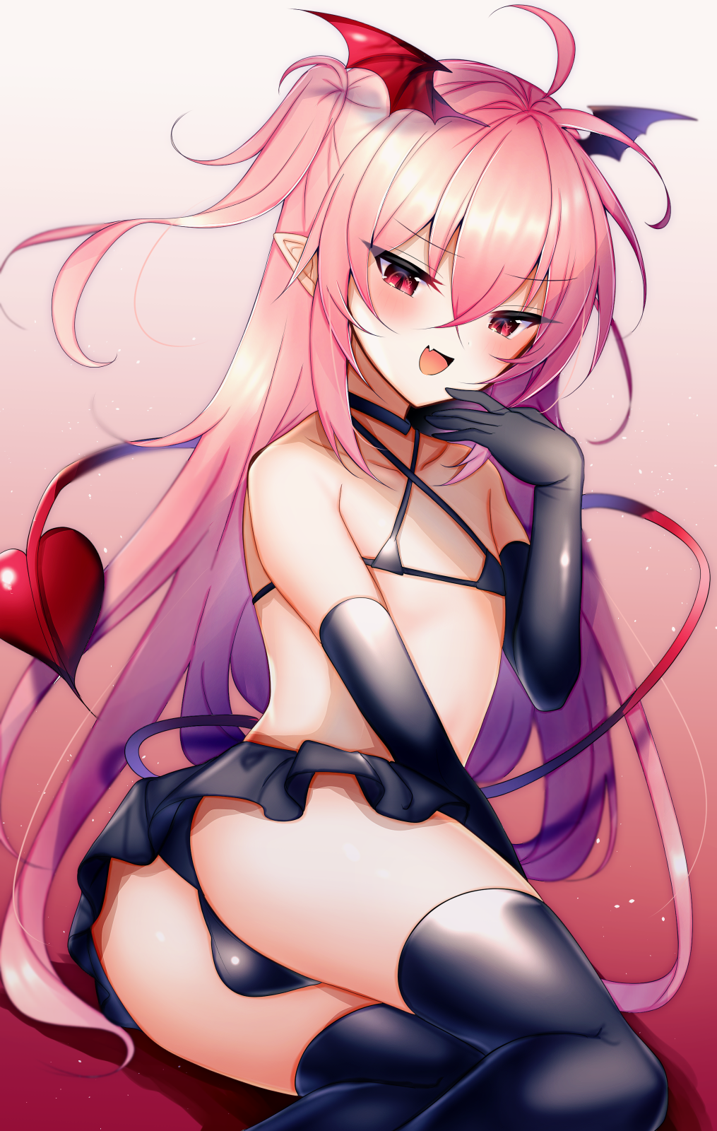 1boy, bulge, demon, femboy, girly, gloves, incubus, long hair, male, male only, micro bikini, original, pink hair, pointy ears, skirt, solo, tail, thighhighs, thighs, uruaki