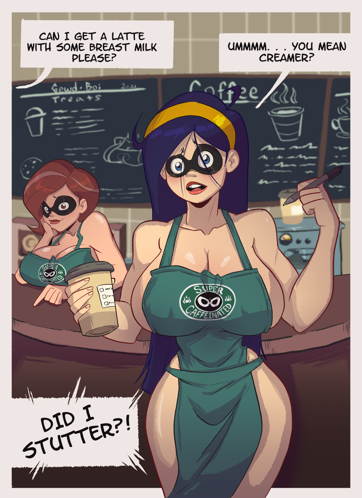 2girls, big breasts, blue eyes, breasts, café, clothing, disney, elastigirl, family, female, female only, gewd-boi, helen parr, iced latte with breast milk, long hair, medium hair, meme, milf, pixar, smooth skin, starbucks, superheroine, text, the incredibles, violet parr