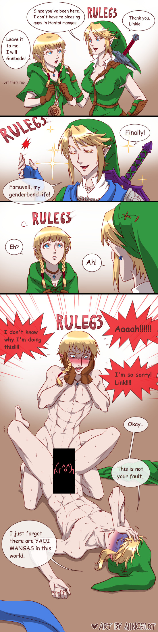 1:4 2015 2boys 2girls 4koma absurd_res accidental_circumstance accidentally_gay anal artist_name between_breasts blonde_hair blue_eyes blush breaking_the_fourth_wall breasts brown_gloves censored chanti cleavage closed_eyes clothed clothing collar comic compass dialogue earrings english_text facepalm feet female ftm_transformation full-face_blush funny gender_transformation genderswap_(ftm) genderswap_(mtf) gloves green_clothing hand_on_face hands_on_head happy hat highres hood hylian hyrule_warriors jewelry kneeling link link_(hyrule_warriors) linkle long_ears looking_at_another lying male master_sword medium_breasts missionary_position muscular muscular_male navel necklace nintendo nipples nude on_back open_mouth panicking pointy_ears rule_63 screaming sex shaded_face short_hair signature single_braid sparkle speech_bubble spread_legs sword tears text the_legend_of_zelda thighs tied_hair toes tongue transformation twin_braids weapon weapon_on_back yaoi