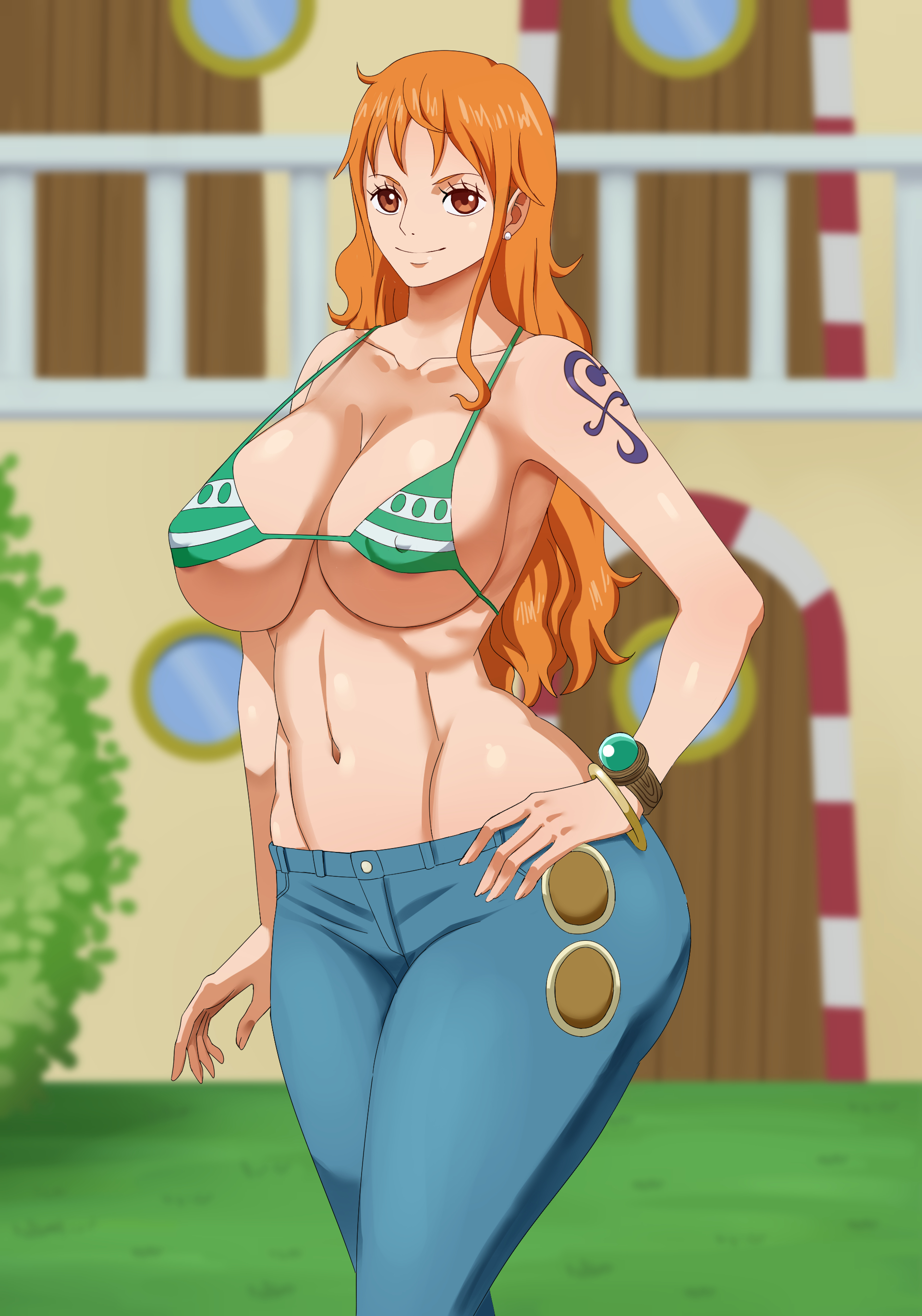 1girls, abs, arm tattoo, ass, big breasts, bikini, bikini top, blue tattoo, bracelet, breasts, busty, cleavage, clothed, clothing, curvaceous, curvy, curvy figure, ear piercing, earrings, erect nipples, erect nipples under clothes, female, female only, green bikini, hand on hip, hourglass figure, human, jeans, jewelry, large breasts, light skin, light-skinned female, linea alba, long hair, micro bikini, nami (one piece), nipple bulge, nipples, one piece, orange eyes, orange hair, orange-haired female, partially clothed, perky breasts, pinkpawg, pinup, post-timeskip, revealing clothes, shounen jump, smile, solo, striped bikini, swimsuit, tattoo, tight clothes, tight clothing, tight pants, toned, toned female, underboob, voluptuous, wide hips