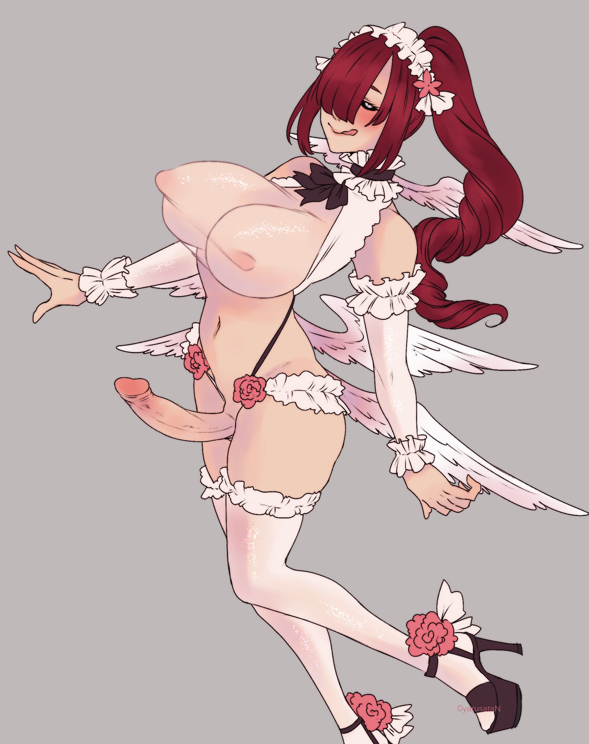15 (gyarusatan), 1futa, asymmetrical hair, bangs, big breasts, big penis, breasts, clothed, clothing, erection, eyes closed, futa only, futa sans balls, futanari, gyarusatan, hair over one eye, humanoid, humanoid penis, intersex, large breasts, light skin, light-skinned futa, mostly nude, pale skin, penis, red hair, solo, standing, thighhighs
