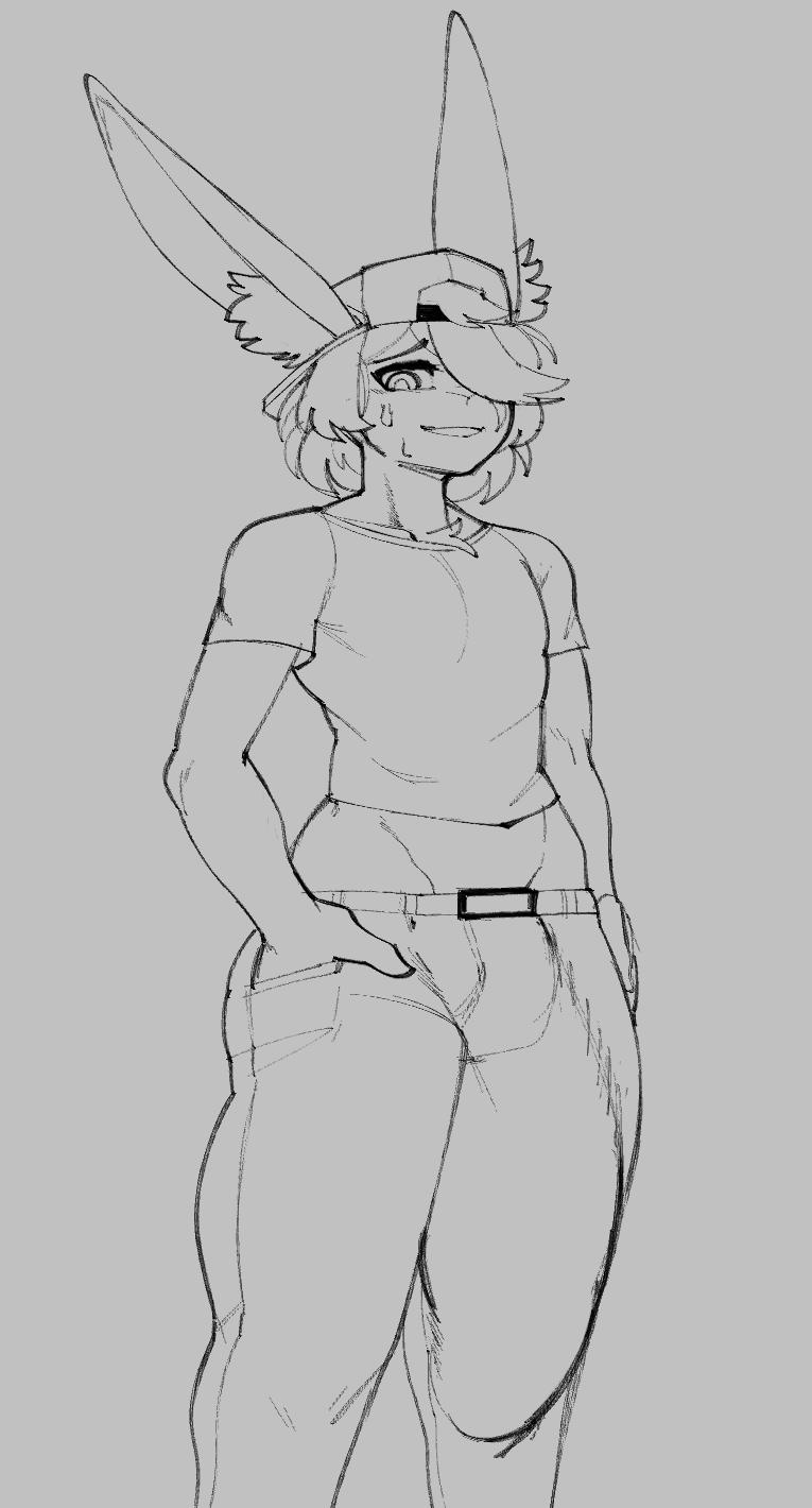 1boy, anthro, backwards baseball cap, bulge, bulge through clothing, bunny, bunybunyboi, cropped shirt, femboy, furry, huge bulge, huge cock, john (bunybunyboi), lagomorph, male, male only, monochrome, penis, sketch, solo, sweat, sweatdrop