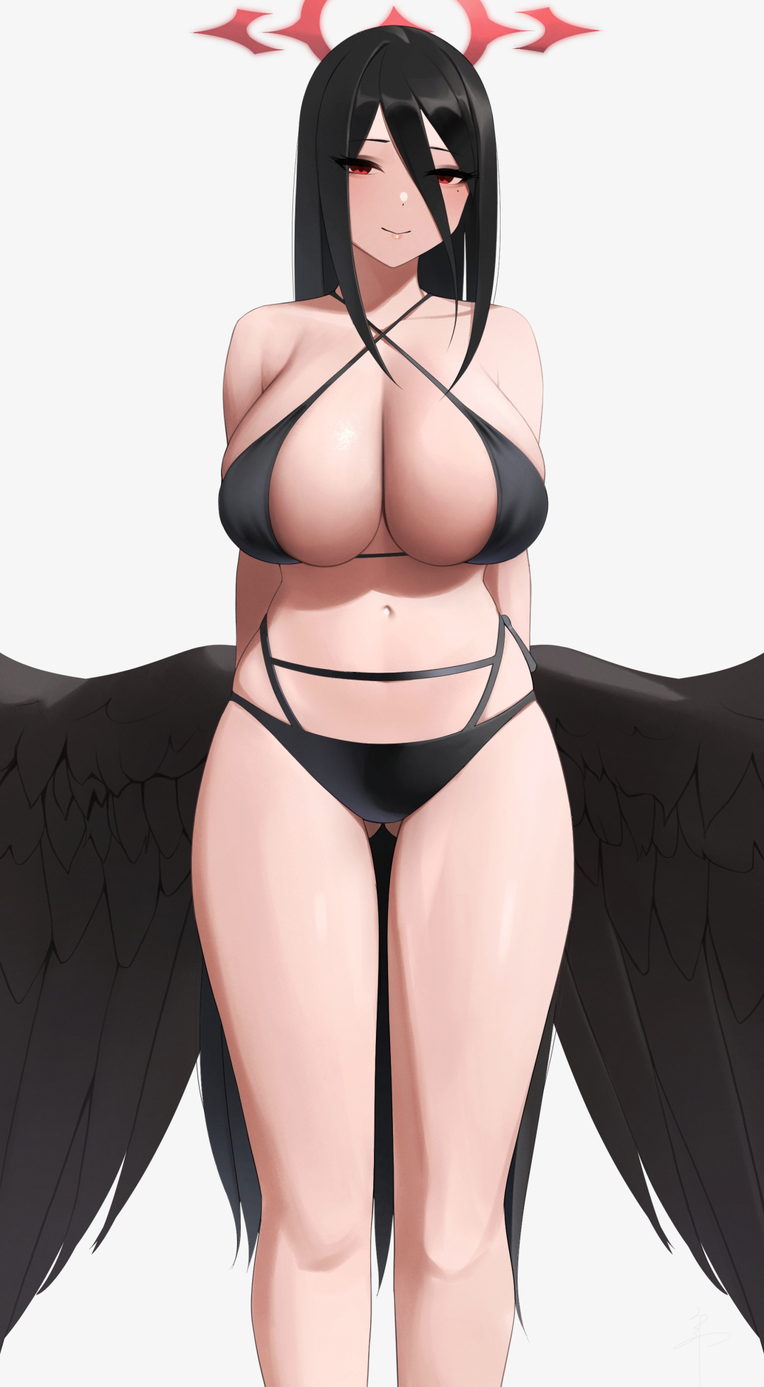 1girls, 2021, ass visible through thighs, bikini, bird wings, black bikini, black hair, blue archive, breasts, brown wings, cleavage, closed mouth, criss-cross halter, feathered wings, female, female focus, female only, hair between eyes, halo, halterneck, hasumi (blue archive), highres, huge breasts, justice task force (blue archive), long hair, looking at viewer, low wings, mole, mole under eye, multi-strapped bikini, navel, red eyes, senju (snz0), simple background, sling bikini top, smile, solo, solo female, solo focus, spread wings, standing, swimsuit, trinity general school student, white background, wings