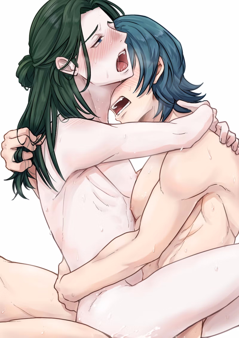 2boys anal_sex byleth_(fire_emblem) byleth_(fire_emblem)_(male) cum cum_in_ass cum_inside cum_on_ass fire_emblem fire_emblem:_three_houses gay grabbing_hair hair_bun hair_grab hair_pull hk_nh3cooh linhardt_von_hevring long_hair_male muscular muscular_male open_mouth post-timeskip ribs yaoi