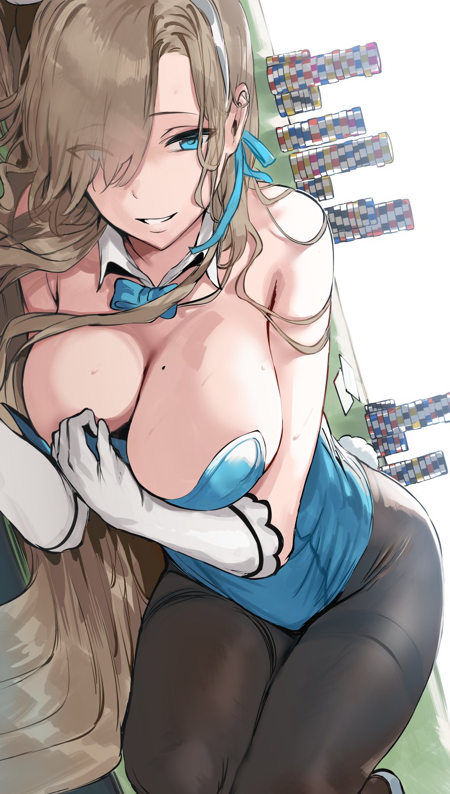 1girls, 2021, asuna (blue archive), asuna (bunny) (blue archive), beauty mark, blonde hair, blue archive, blue eyes, blue leotard, blush, bowtie, breasts, bunny ears, bunny girl, bunny tail, bunnysuit, detached collar, female, female focus, female only, hair over one eye, hews hack, highleg leotard, hips, huge breasts, leotard, long hair, looking at viewer, lying on side, lying on table, millennium science school student, mole on breast, pantyhose, poker chip, poker table, sheer legwear, simple background, slim waist, smile, thick thighs, thighs, white background, wide hips