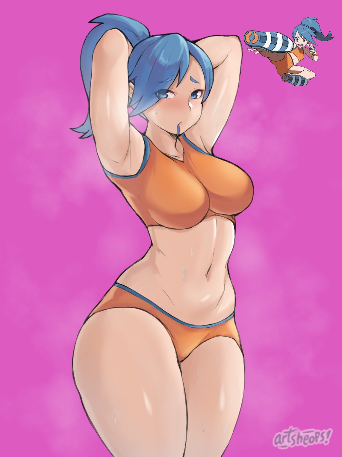 1girls armpits artist_name artsheops battle_girl_(pokemon) battle_girl_(pokemon_oras) blue_eyes blue_hair blush breasts clothed clothed_female eyebrows eyebrows_visible_through_hair female female_only hair_tie hand_on_head hi_res long_hair looking_at_viewer navel nintendo npc_trainer pink_background pokemon pokemon_oras shauna_(hoenn) simple_background sports_bra sportswear standing steam steaming_body sweat thick_thighs thighs