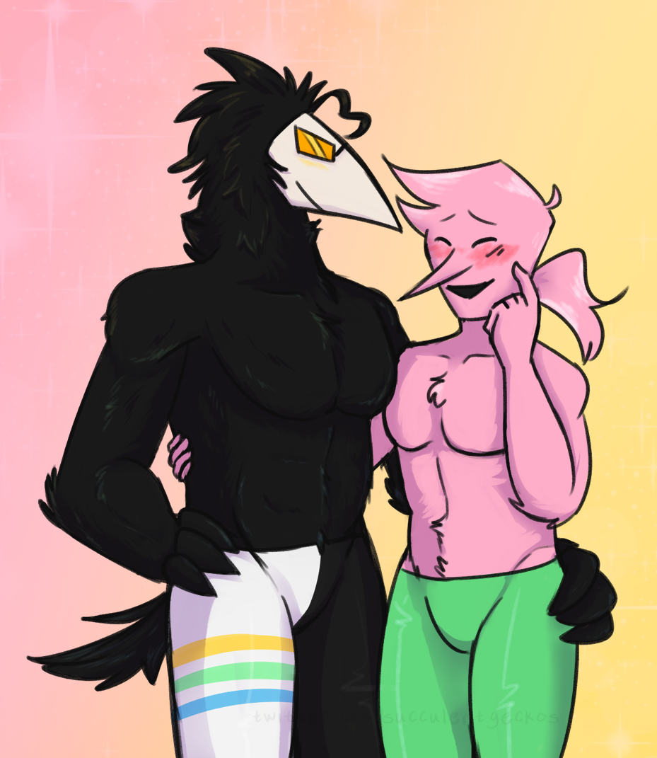 2boys addison_(deltarune) avian_humanoid bara deltarune embarrassed feathers fuzzy glasses hand_on_hip male_only no_shirt partially_clothed pink_addison_(deltarune) shirtless succulentgeckos swatch_(deltarune)