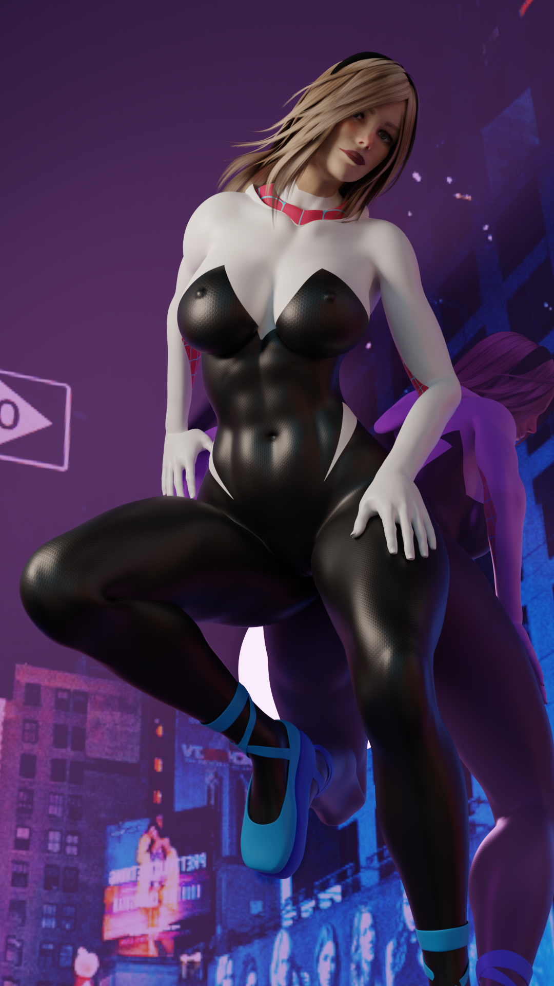 1girls, 3d, abs, alenabyss, ballet slippers, blonde hair, blue eyes, bodysuit, breasts, clothed, female, female only, gwen stacy, hairband, large breasts, lipstick, long hair, looking at viewer, marvel, marvel comics, mavixtious, navel, nipples visible through clothing, pinup, skin tight, smile, solo, spider-gwen, spider-man (series), spider-man: into the spider-verse, superheroine, toned, toned female