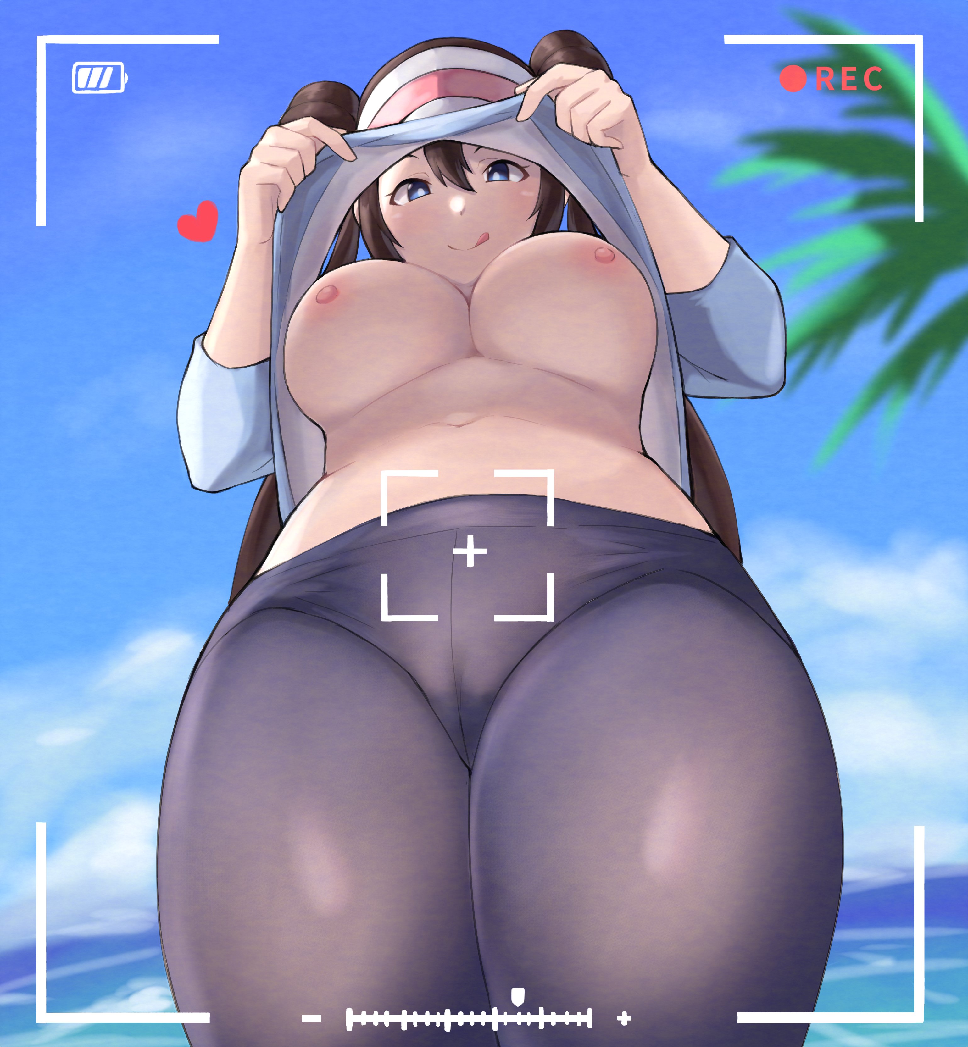 1girls, areolae, artsheops, beach, big breasts, blue eyes, breasts, brown hair, cameltoe, cap, clothed, clothed female, clothing, cloud, clouds, double bun, female, female focus, female only, heart, large breasts, leggings, long hair, looking at viewer, looking down, navel, nintendo, nipples, no bra, outdoors, palm tree, pokemon, pokemon bw2, pokemon trainer, pov, pussy, recording, rosa (pokemon), sea, shirt, shirt lift, solo, thick thighs, thighs, tongue, tongue out