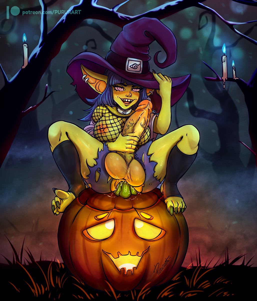 1futa anal anal_insertion anus areolae balls big_ears breasts clothed clothing crotchless dark-skinned_futanari dickgirl erect_nipples erection fucking_pumpkin futa_only futa_sans_pussy futanari goblin goblin_futanari green_skin halloween hat huge_breasts huge_cock humanoid humanoid_penis hyper hyper_balls hyper_penis improvised_sex_toy intersex long_ears masturbation mostly_nude nipples penis penis_out pointy_ears precum precum_drip pumpkin pururart shorts_down sitting solo taint testicles wide_hips witch