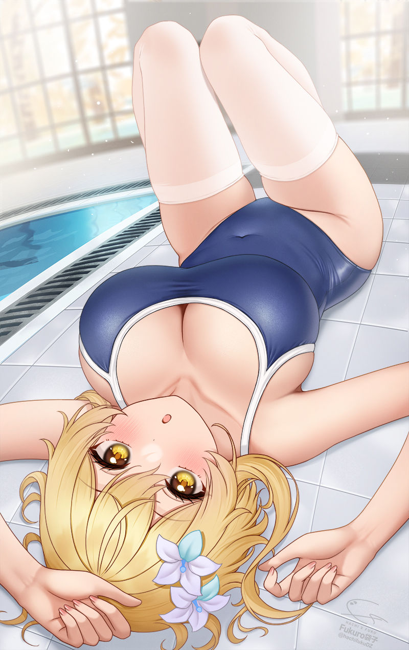 :o, 1girls, artist name, big breasts, blonde hair, blue swimsuit, blush, breasts, cleavage, collarbone, covered navel, female, flower, flower in hair, fukuro ko (greentea), genshin impact, hair flower, hair ornament, highres, large breasts, looking at viewer, lumine (genshin impact), lying, on back, one-piece swimsuit, open mouth, pool, short hair, signature, skindentation, solo, swimsuit, thighhighs, thighs, twitter username, upside-down, white legwear, yellow eyes
