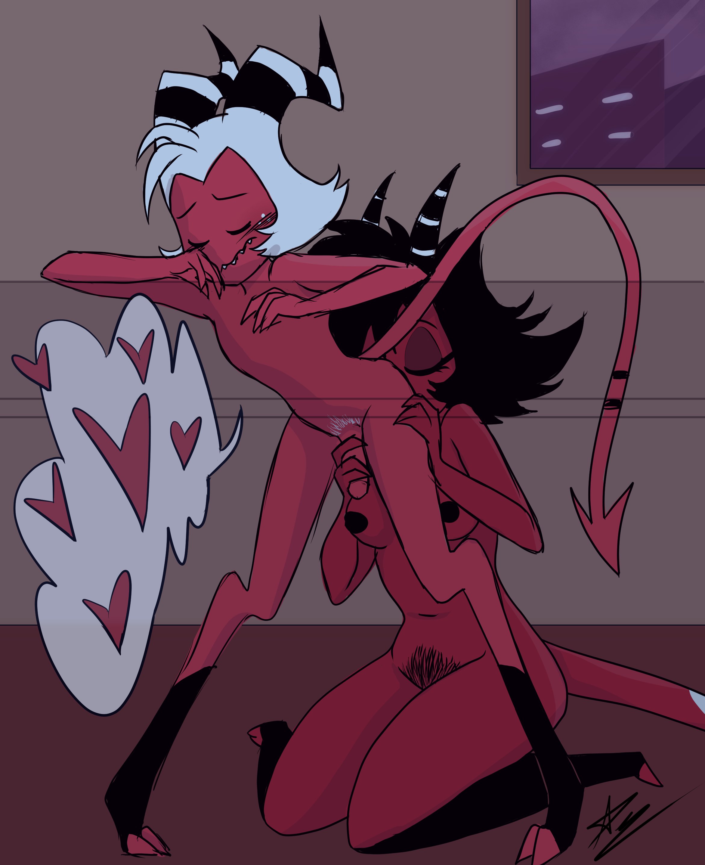 absurd res, anal, analingus, anilingus, areola, ass, black hair, blush, breasts, canon couple, city, cityscape, closed eyes, cloven hooves, demon, duo, erection, female, female rimming male, freckles, genitals, hair, hand on ass, hand on butt, handjob, heart, hearts, helluva boss, hi res, hooves, horn, humanoid, imp, kneeling, leaning, leaning forward, long tail, looking pleasured, makeup, male, male anilingus, male/female, millie (helluva boss), moxxie (helluva boss), nude, oral, penile, penis, pubes, red body, red skin, rimming, rusty trombone, sex, slim, small penis, small penis adoration, smuttystarlight, standing, stripes, submissive, submissive male, teeth, white hair, window