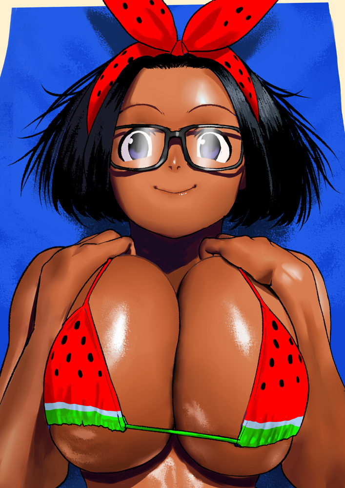 1girls arung_samudra_(cessa) bikini black_hair cessa cleavage dark-skinned_female dark_skin glasses hair_ribbon hands_on_breasts huge_breasts human looking_at_viewer short_hair smile watermelon_print