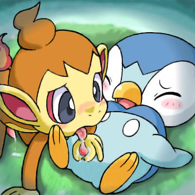 2boys black_eyes blue_feathers blush chesnut_(artist) closed_eyes furry licking_penis lowres male male_only monkey no_humans orange_fur penguin piplup pokemon pokemon_(species) pokemon_dppt tail_fire