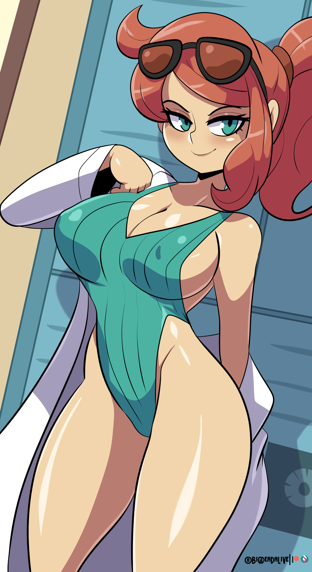 1girls arm_behind_back big_breasts bigdeadalive blush blushing cleavage clothed eyelashes female_focus glasses_on_head green_eyes hairband lab_coat leotard looking_away makeup nintendo nipple_bulge pokemon pokemon_professor pokemon_ss ponytail red_hair redhead removing_clothing sideboob solo solo_female solo_focus sonia_(pokemon) standing sunglasses sunglasses_on_head tagme