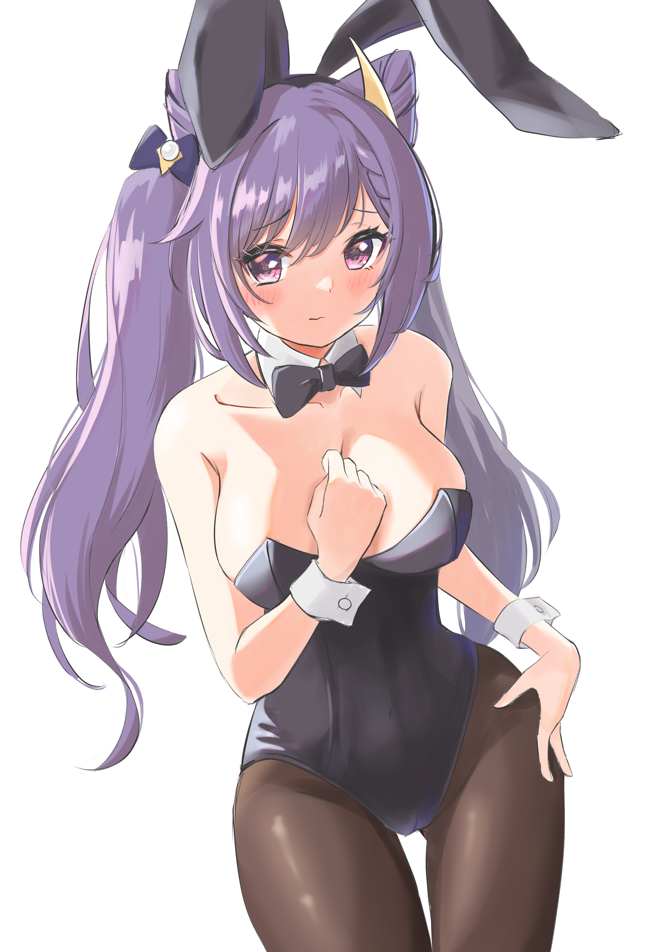 1girls, ajimigao, big breasts, black stockings, breasts, bunny ears, bunny girl, bunnysuit, cameltoe, female, genshin impact, keqing (genshin impact), leotard, purple eyes, purple hair, pussy, twintails