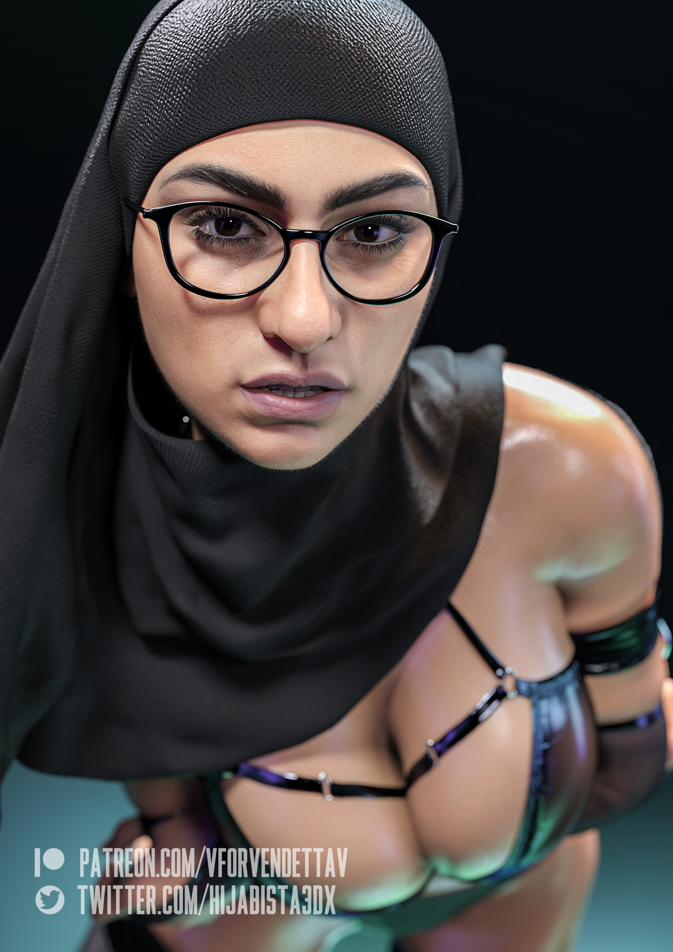 1girls, 3d, arabian, blender, bra, breast squeeze, breasts, brown eyes, brown skin, daz studio, eyelashes, female, glasses, hijab, lingerie, lipstick, looking at viewer, mia khalifa, muslim, patreon, porn star, portrait, showing off, solo, vforvendettav