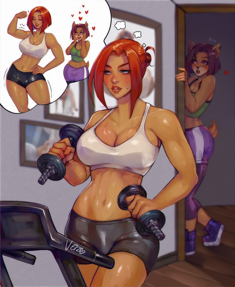 2girls anthro artist_signature athletic athletic_female blue_eyes blush cleavage crash_(series) daydream dumbbell exercise flexing furry heart human liz_bandicoot muscle_worship original_character red_hair swooning tank_top theartofvero thick_thighs toned toned_female treadmill trisha_(jack020) vero workout workout_clothes yuri