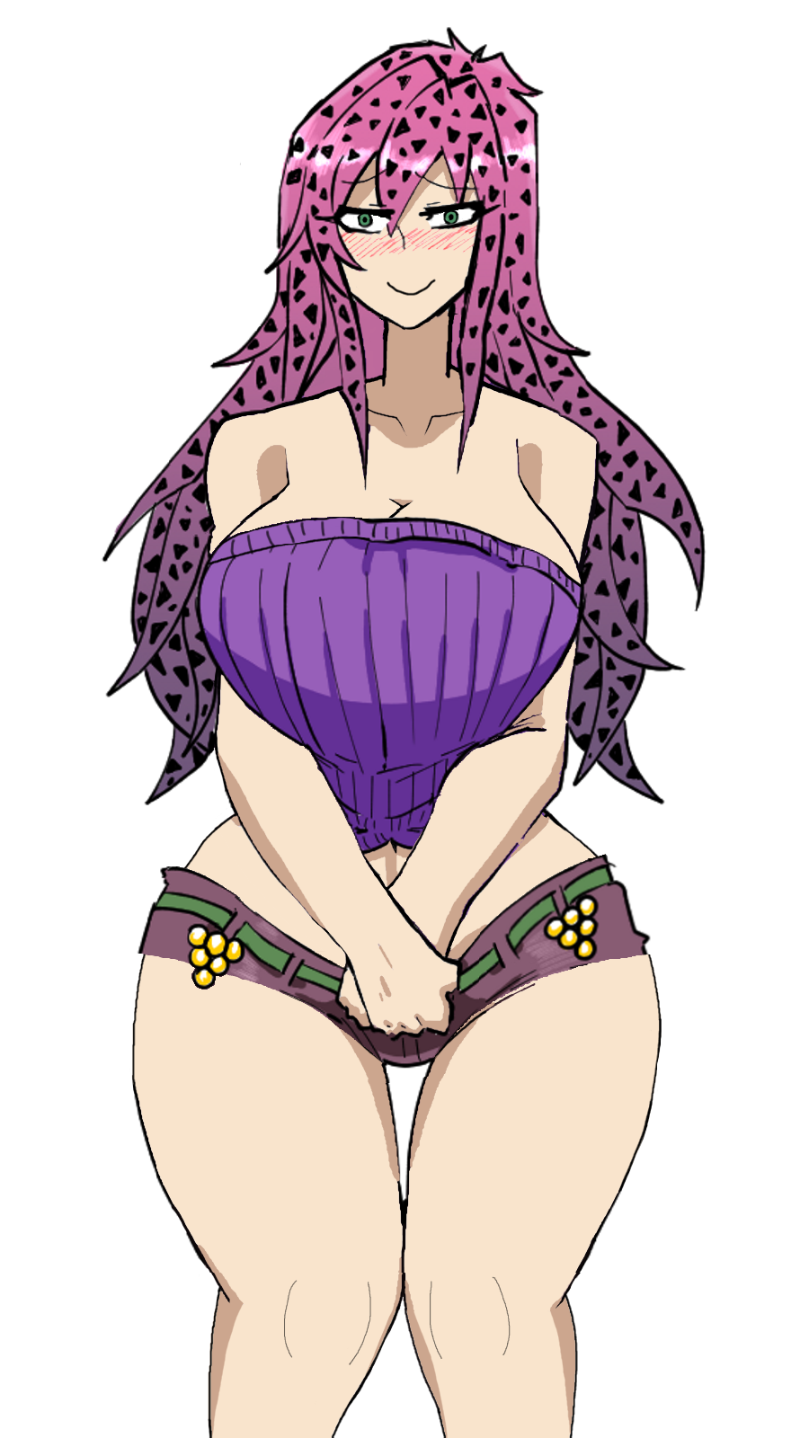 1girls blush booty_shorts diavolo doppios_sweater green_eyes jojo's_bizarre_adventure looking_at_viewer mannungei pink_hair rule_63 smile solo sweater tagme vento_aureo wide_hips