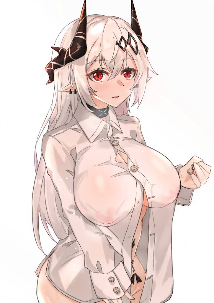 1girls, arknights, breasts, collar, earrings, elf ears, female, female only, hair ornament, half-dressed, horns, large breasts, long hair, looking at viewer, mudrock (arknights), nipples visible through clothing, pointy ears, red eyes, white background, white hair, white shirt