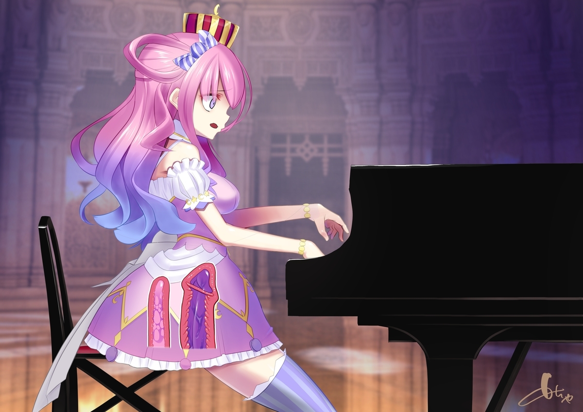 cervical penetration, clothed female, crown, dildo, dildo in ass, dildo in pussy, dildo sitting, female, himemori luna, holoforce, hololive, hololive japan, piano, pink hair, pussy, solo female, uterus penetration, virtual youtuber