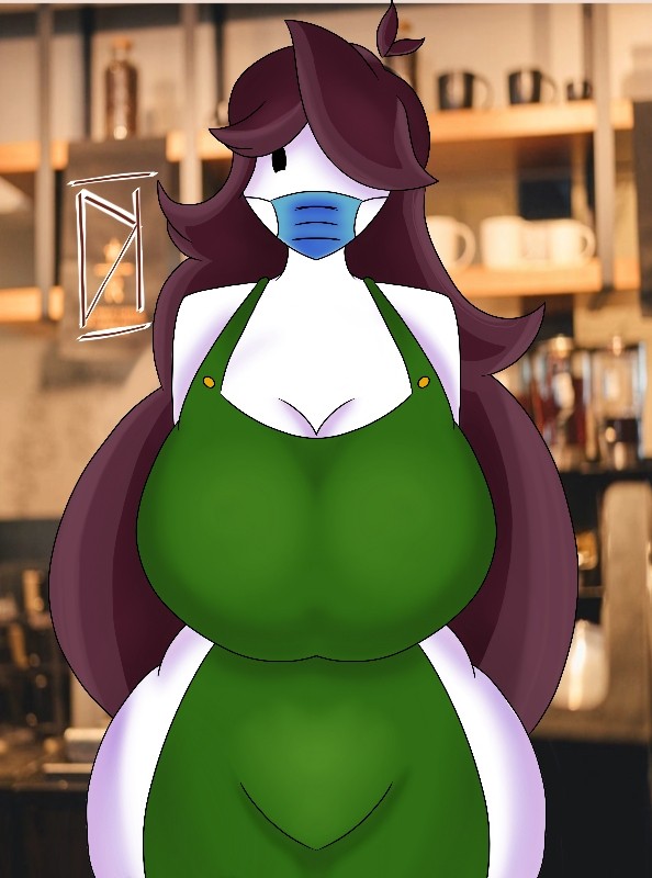 apron, apron only, artist request, big breasts, breasts, brown hair, face mask, female, iced latte with breast milk, jaiden, jaiden animations, jaidenanimations, meme, naked apron, youtube, youtuber