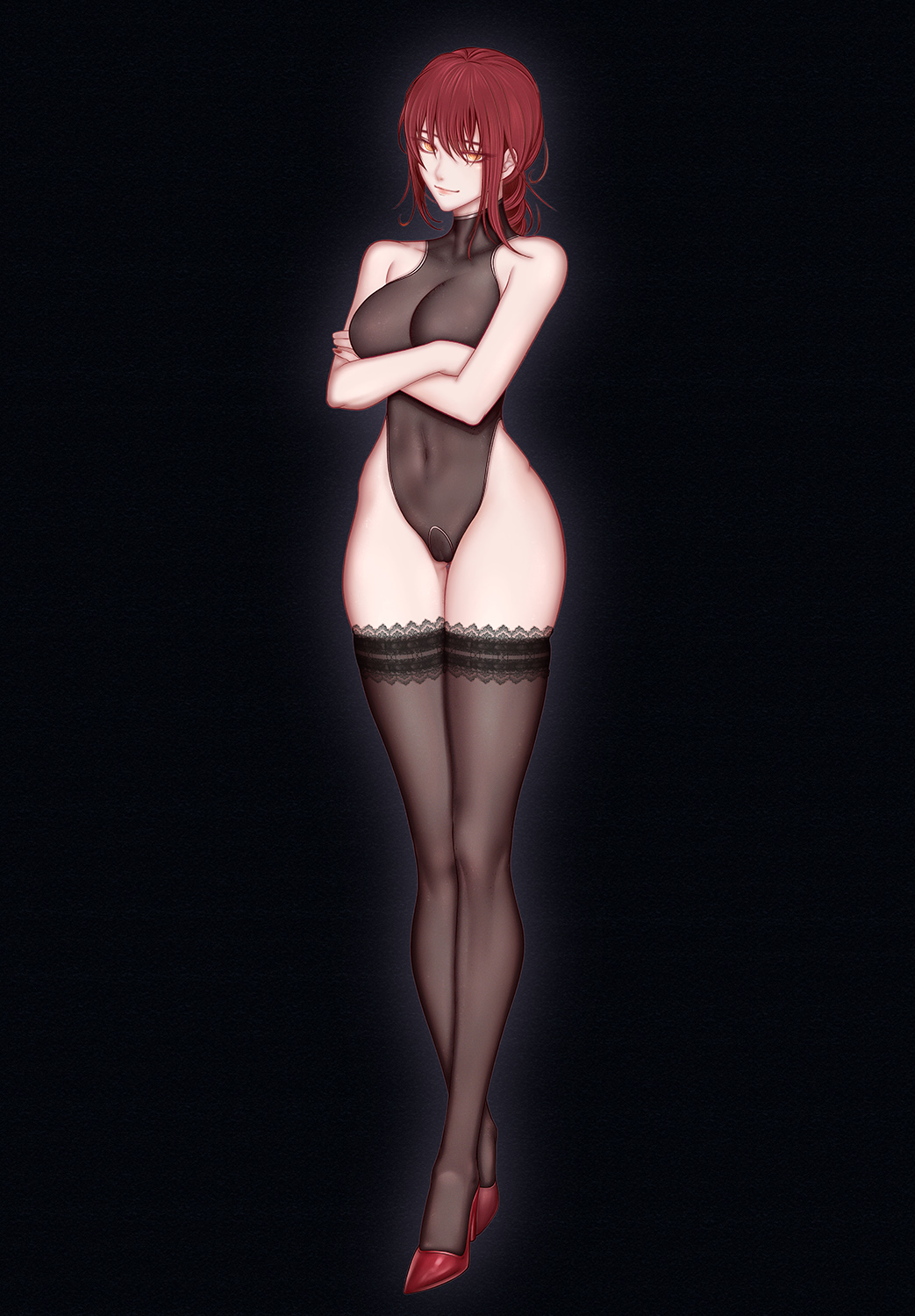 1girls, braided hair, chainsaw man, eye contact, female, high heels, leotard, lingerie, looking at viewer, makima (chainsaw man), ravenyee, red hair, solo, standing, thick thighs, thighhighs, thighs, yellow eyes