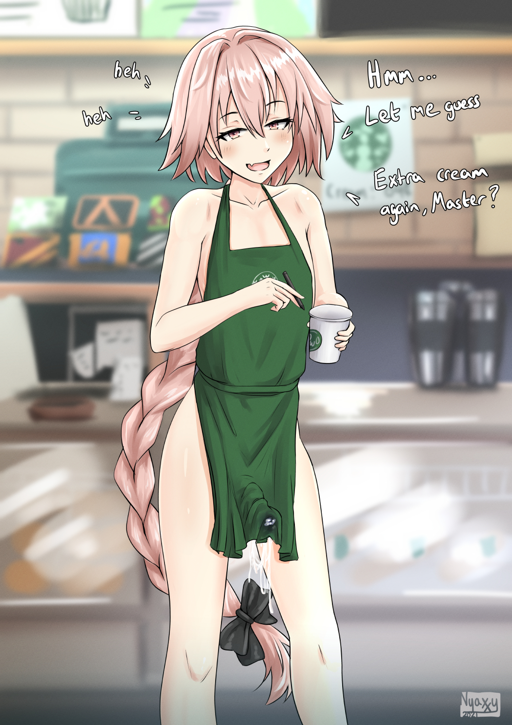 1boy apron astolfo_(fate) barista blush clothing cum erection_under_clothes eye_contact fast_food fate/grand_order fate_(series) femboy iced_latte_with_dick_milk looking_at_viewer male meme nyaxxy outerwear pink_eyes pink_hair solo text uniform