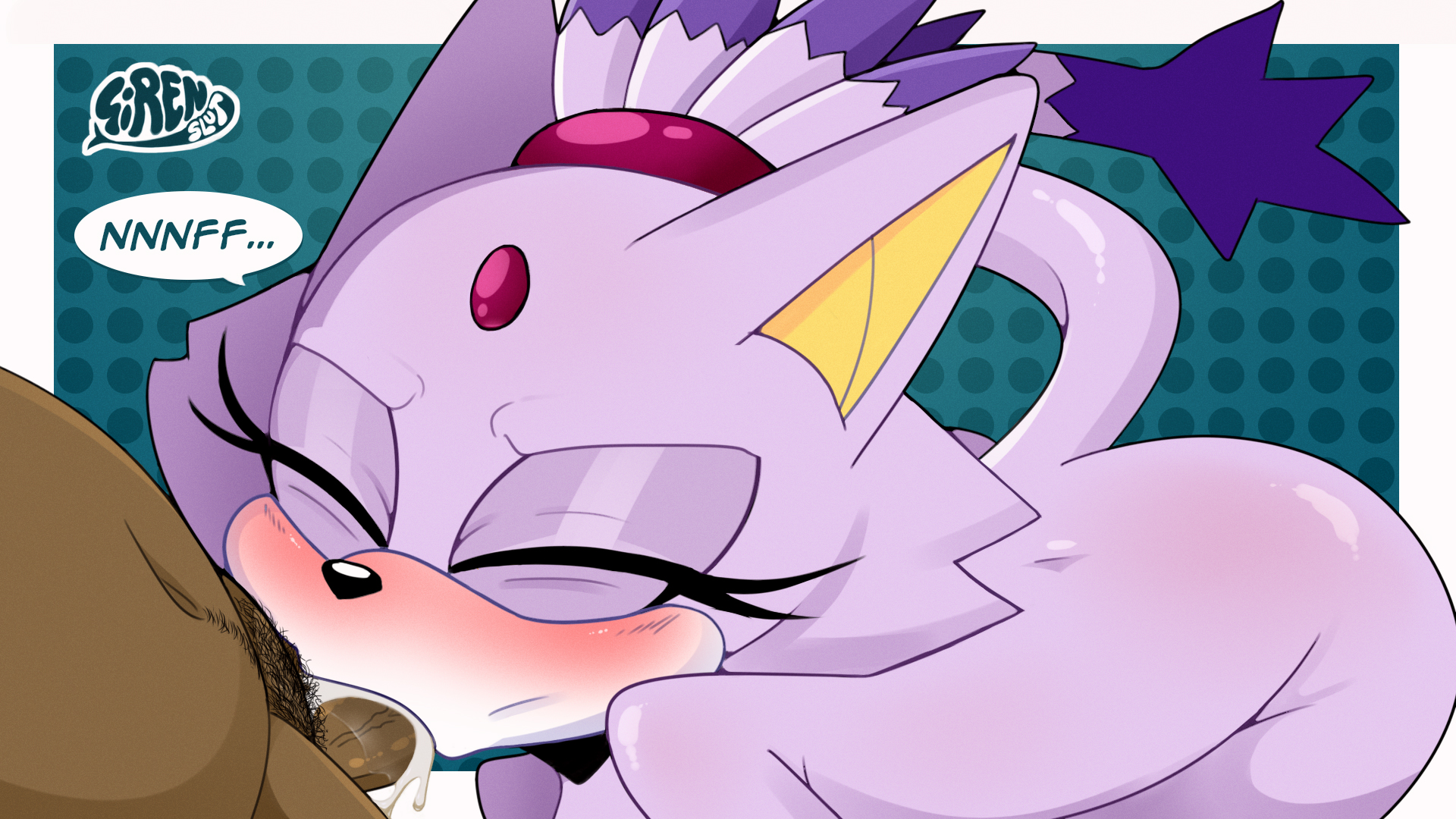anthro, ass, bent over, blaze the cat, blush, closed eyes, cum, cum in mouth, dark skin, dark-skinned male, domestic cat, duo, erection, faceless male, felid, feline, felis, fellatio, female, forehead gem, fur, genitals, hair, hi res, human, human on anthro, interracial, interspecies, male, male/female, mammal, nude, onomatopoeia, oral, penile, penis, ponytail, purple body, purple fur, sega, sex, sirenstudios, sonic (series), sonic the hedgehog (series), sound effects, tail, text