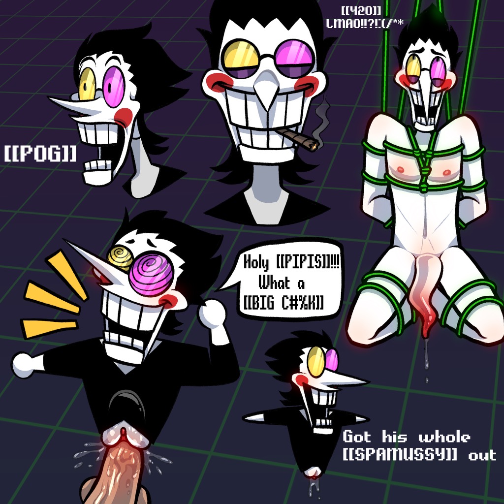 big_penis black_hair bondage cock_hungry cuntboy dead_cricket deadcricket deltarune deltarune_chapter_2 gay intersex male onahole pussy rope rope_bondage spamton_g_spamton spamton_neo tentacle_penis white_skin