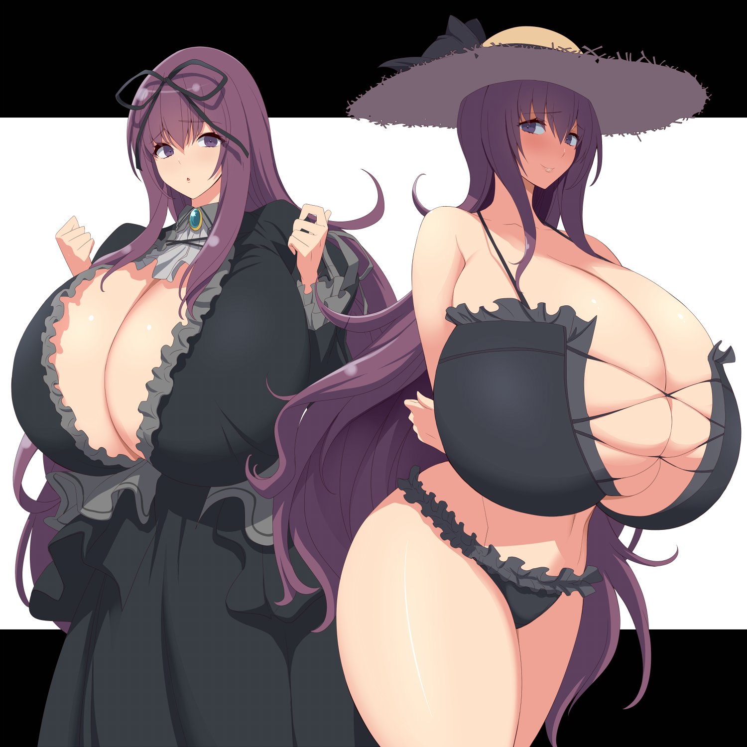 2girls, ass, bikini, black clothing, black ribbon, breasts, cleavage, clothing, female, frilled bikini, full cleavage, hat, holding breast, huge ass, hyper, hyper breasts, kloah, long hair, marvelous, murasaki (senran kagura), nervous, purple eyes, purple hair, senran kagura, skindentation, smiling, straw hat, white skin